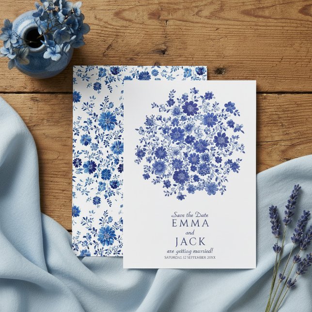 Convite de Data de Azul Chinoiserie com Floral em  (Blue Chinoiserie watercolor Floral Save the Date)
