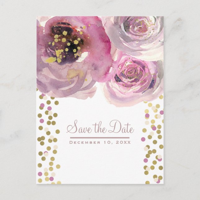 Convite de Data de Casamento com Florais em Aquare (Frente)