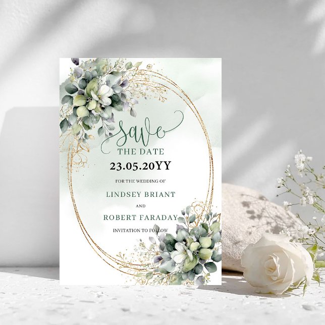 Convite de Data de Casamento em Verde Poeirento Bo (Watercolor Botanical Dusty Green Save The Date)