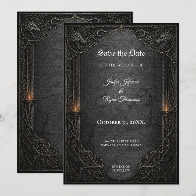 Convite de data de casamento GOT Gothic Dark (Frente/Verso)
