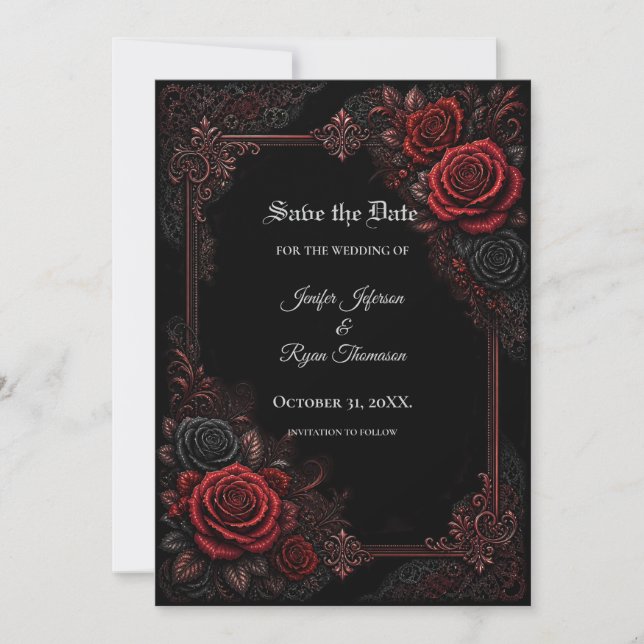 Convite de data de casamento gótico com rosas verm (Frente)
