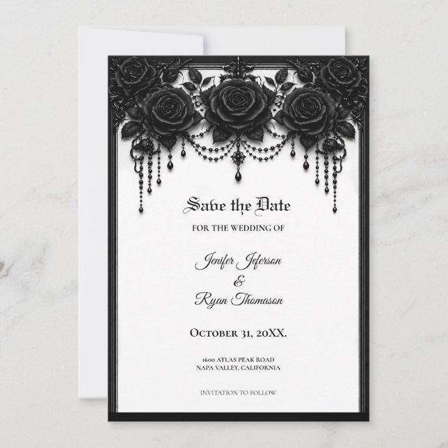 Convite de data de casamento gótico Rosas Negras (Frente)
