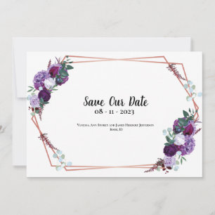 Convite de data de casamento moderno floral roxo