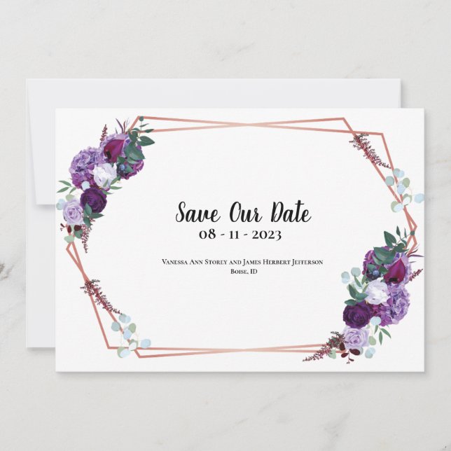 Convite de data de casamento moderno floral roxo (Frente)