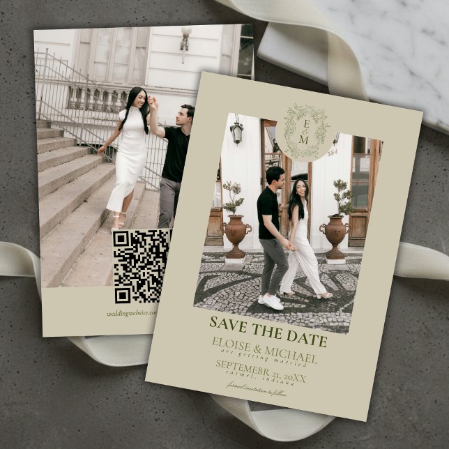 Convite de Data de Elegante Monograma de Crista em (Elegant Sage Green Crest Monogram Save The Date Invitation)