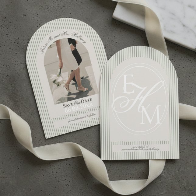 Convite de Data de Guarda com Foto de Faixa Verde  (Old Money Script Green Stripe Photo Save the Date Invitation)