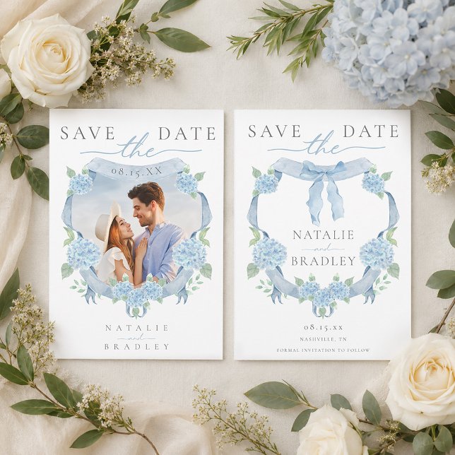 Convite de Data de Guarda de Foto de Hortênsia Azu (Watercolor Blue Hydrangea Photo Save the Date Invitation)