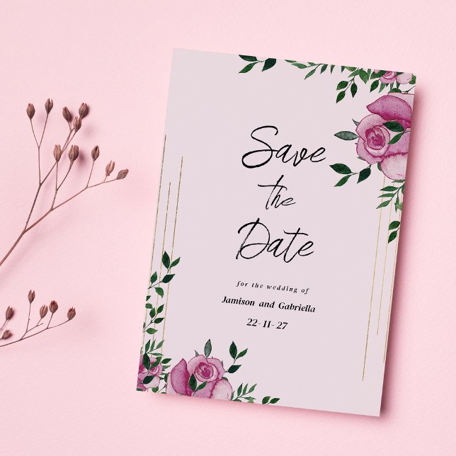 Convite de data de salvação lilás verde dourado em (Watercolor lilac green gold floral Save The Date)