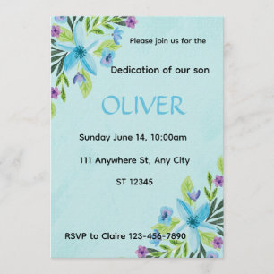 Convite de Dedicação de Menino Floral Azul Aquarel