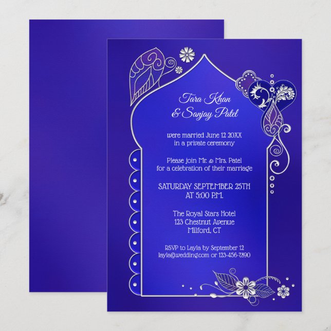 Convite de Depois do Casamento Azul Índigo com Hen (Frente/Verso)
