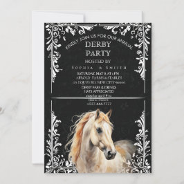 Convite de Derby de Cavalo Aquarela Preto e Branco