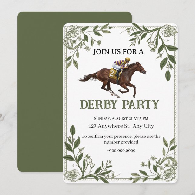 Convite de Derby Equestre Floral Moderno (Frente/Verso)