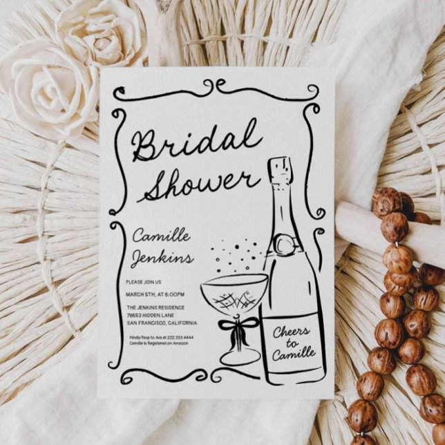 Convite de Desenho de Chá de panela de Champanhe (Champagne Bridal Shower Hand Drawn Black and White Invitation)
