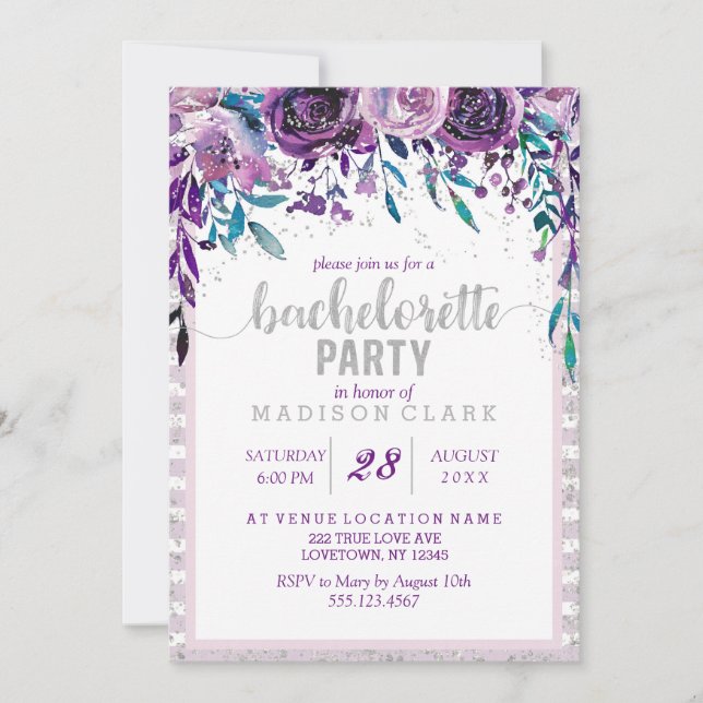 Convite de despedida de solteira com floral roxo e (Frente)