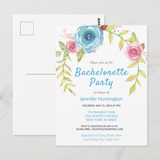 Convite de Despedida de Solteira Floral em Aquarel (Frente/Verso)