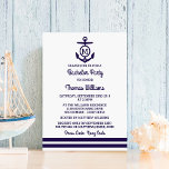Convite de Despedida de Solteiro Âncora Monograma<br><div class="desc">Estes convites de despedida de solteira com âncora monograma listras navy náutico serão o anúncio perfeito para qualquer noivo! O design apresenta duas listras azuis náuticas com uma âncora monograma fofa. Esses convites podem ser personalizados para sua ocasião especial e seriam o anúncio perfeito para qualquer casamento na praia náutica,...</div>