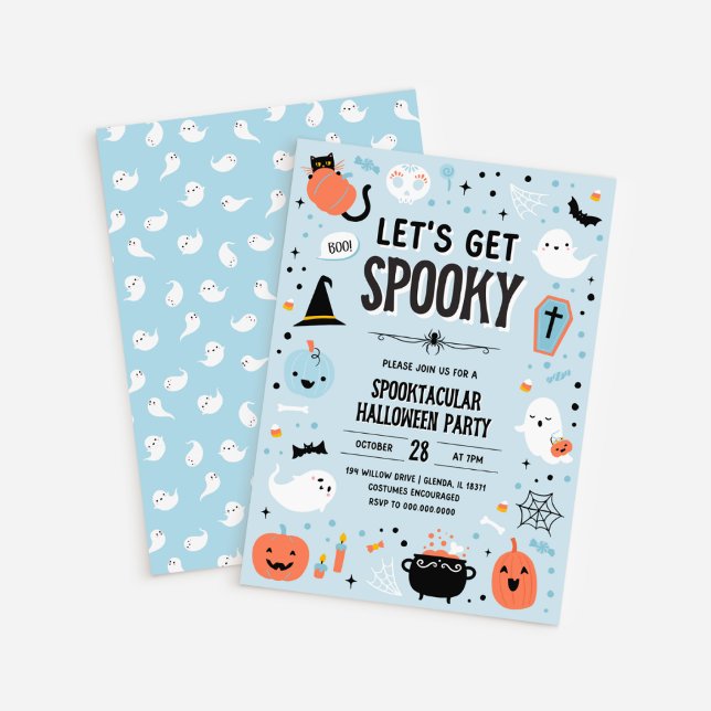 Convite de Dia das Bruxas Azul e Laranja (Blue and Orange Halloween Invitation - Lets Get Spooky)