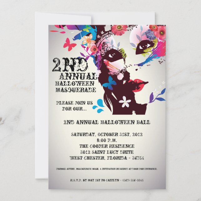 Convite de Dia das Bruxas de Mascarada Floral 5x7 (Frente)