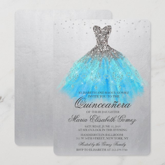 Convite de Diamante de Vestido de Brilho de Quince (Frente/Verso)