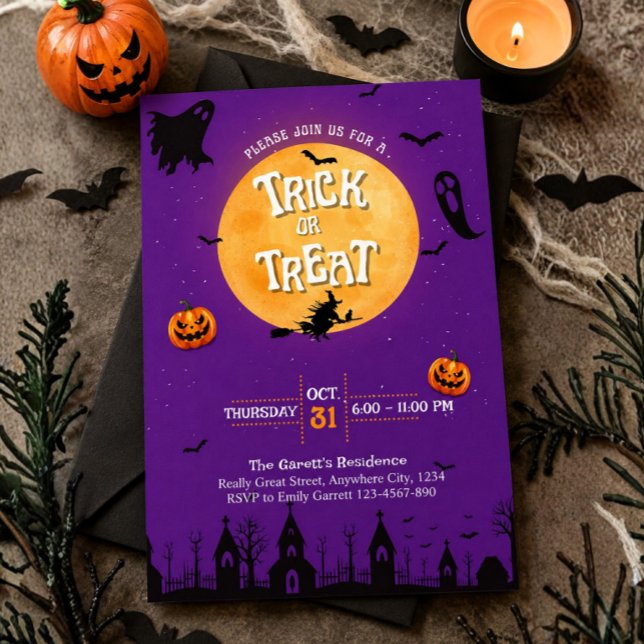 Convite de Doce ou Travessura para Festa de Hallow (Purple Halloween Kids Trick or Treat Invitation )