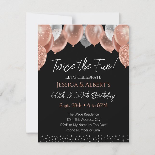 Convite de dois balões de aniversário, rosa e prat (Frente)