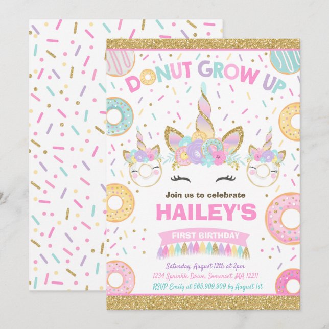 Convite de Donut e Unicórnio para Festa Donut Cres (Frente/Verso)