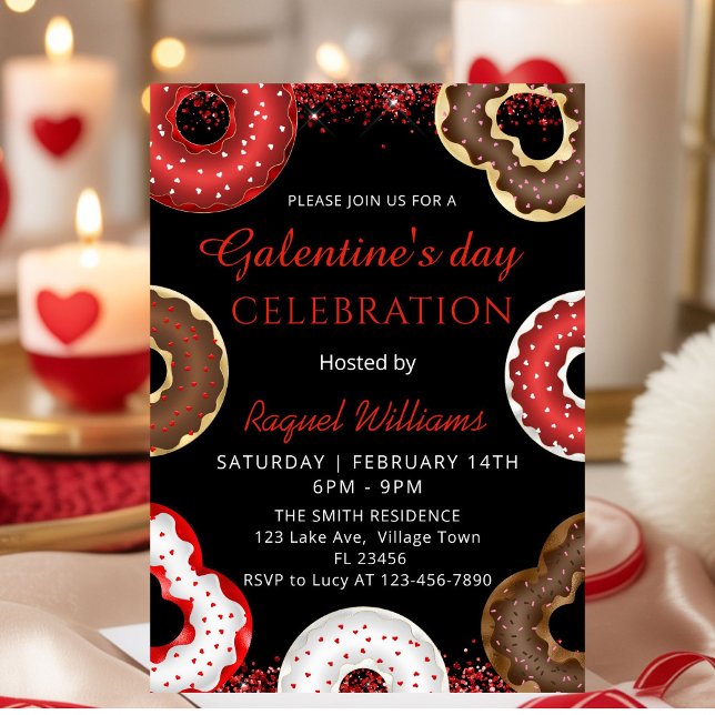 Convite de Donuts para Festa do Dia de Galentine (Red Glitter Galentine's Day Brunch Donuts Invitation)