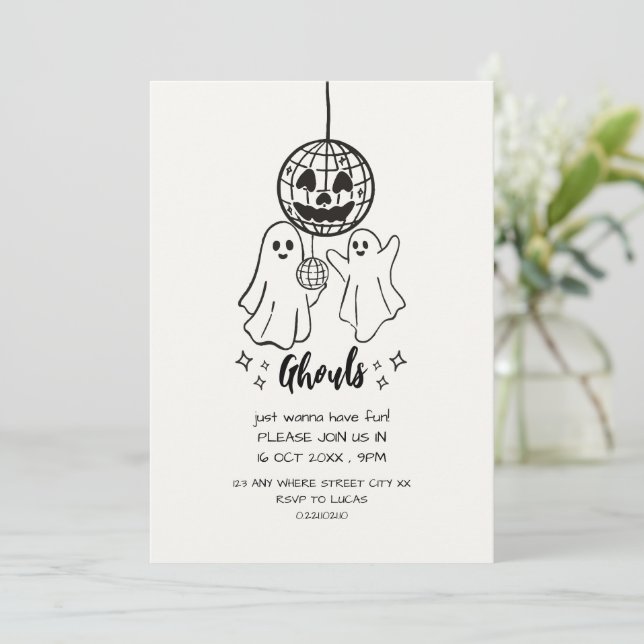 convite de doodle para festa de halloween de ghoul (Em pé/Frente)