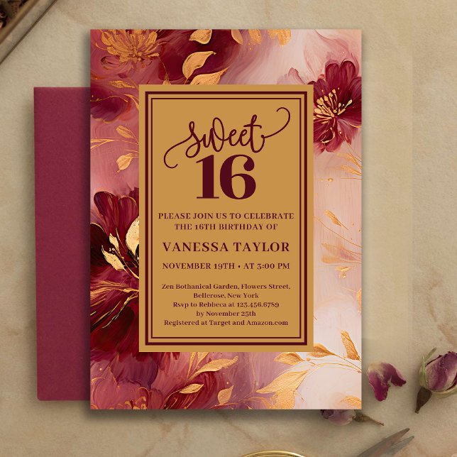 Convite de Doze Anos de Rosa Burgundy Chic e Doura (Chic Sweet Sixteen Burgundy Roses Gold Invitation)