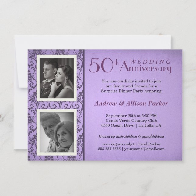 Convite de duas fotos de aniversário Damask Vintag (Frente)