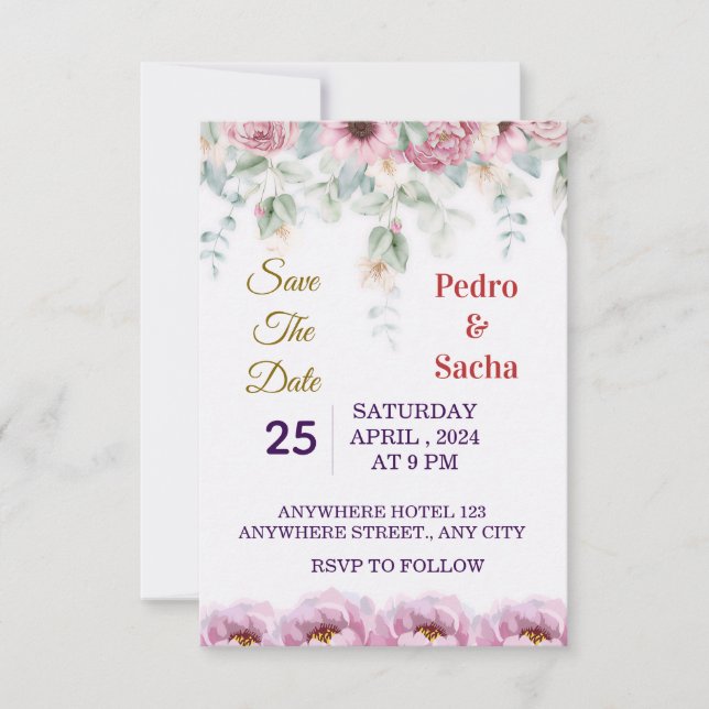 Convite de Elegante Peônia Floral para Salvar a Da (Frente)