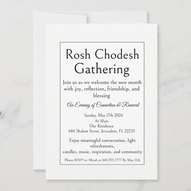 Convite de Encontro Rosh Chodesh, Simples Moderno (Frente)