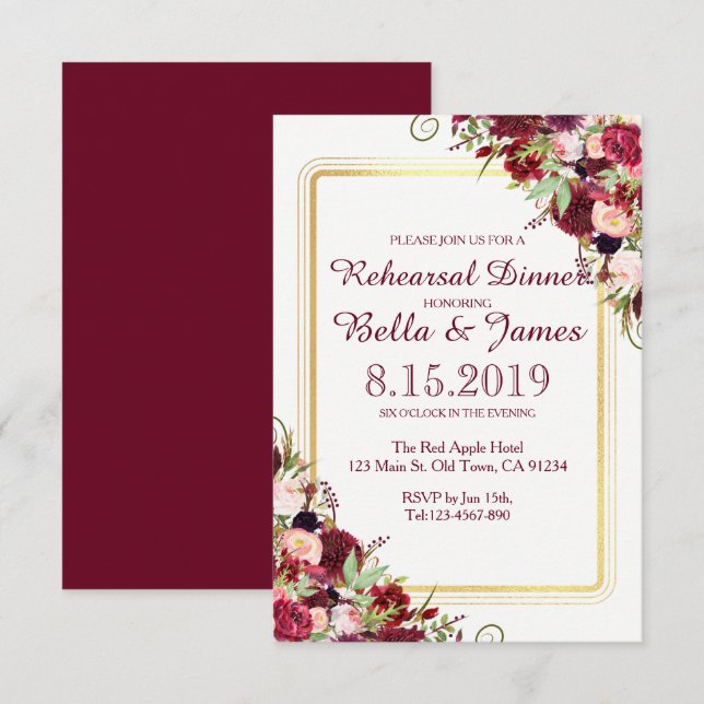 Convite de ensaio de casamento vermelho Marsala Bo (Frente/Verso)