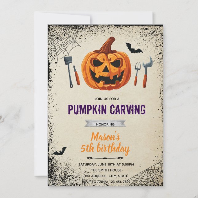 convite de entalhe de abóbora de Halloween (Frente)