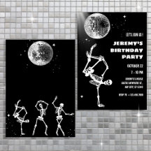 Convite de esqueleto dançando bola de discoteca