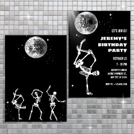 Convite de esqueleto dançando bola de discoteca