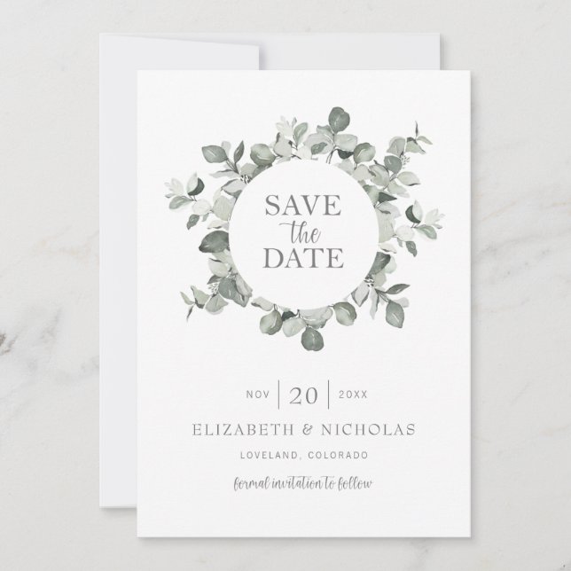 Convite de Eucalipto Aquarela para Casamento Save  (Frente)