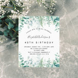 Convite de eucalipto verde para aniversário de orç<br><div class="desc">Um convite de tendência para um tema de 40ª (ou qualquer idade) festa de aniversário,  encantado da floresta. Um fundo branco com samambaias e eucalipto verde. O nome é escrito com um moderno estilo escrito à mão. Personalize e adicione os detalhes da sua festa.</div>