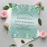 Convite de eucalipto verde para aniversário de orç<br><div class="desc">Um convite de tendência para um tema de 40ª (ou qualquer idade) festa de aniversário,  encantado da floresta. Um fundo verde de gradiente com samambaias e eucalipto verde. O nome é escrito com um moderno estilo escrito à mão. Personalize e adicione os detalhes da sua festa.</div>