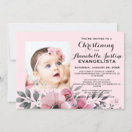 Convite de Evento Elegante Batizado Floral Rosa