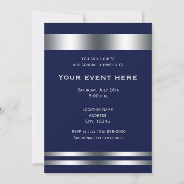Convite de Evento para Jantar Elegante Azul Prata (Frente)