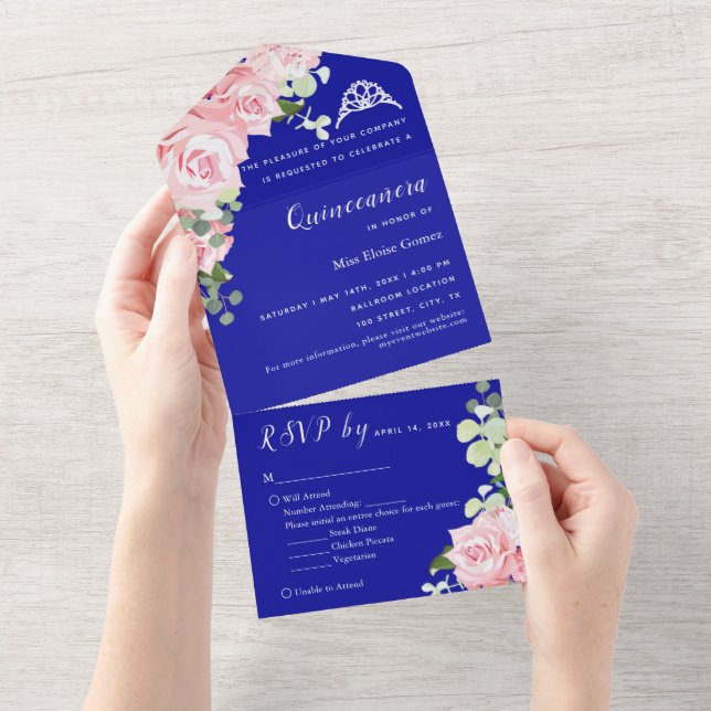 Convite de Evento Trifold Floral Azul RSVP (Aba destacável)