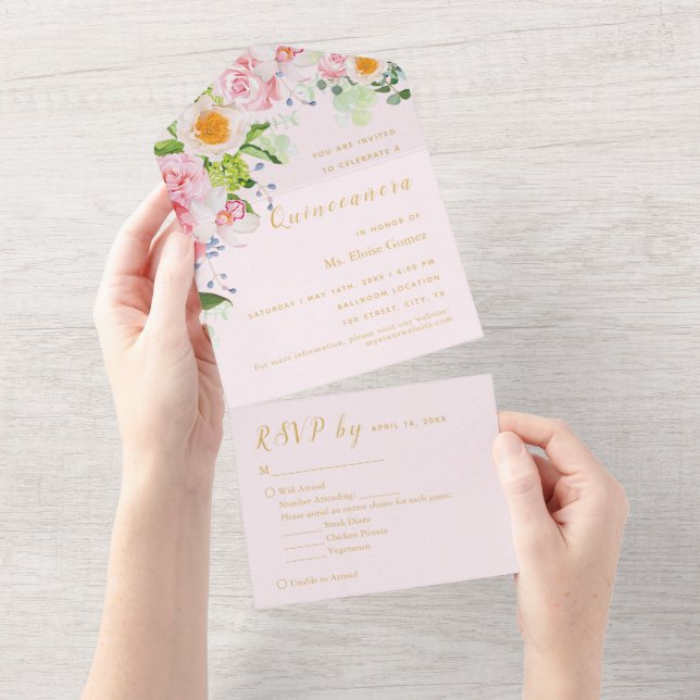 Convite de Evento Trifold Floral Rosa Claro com RS (Aba destacável)