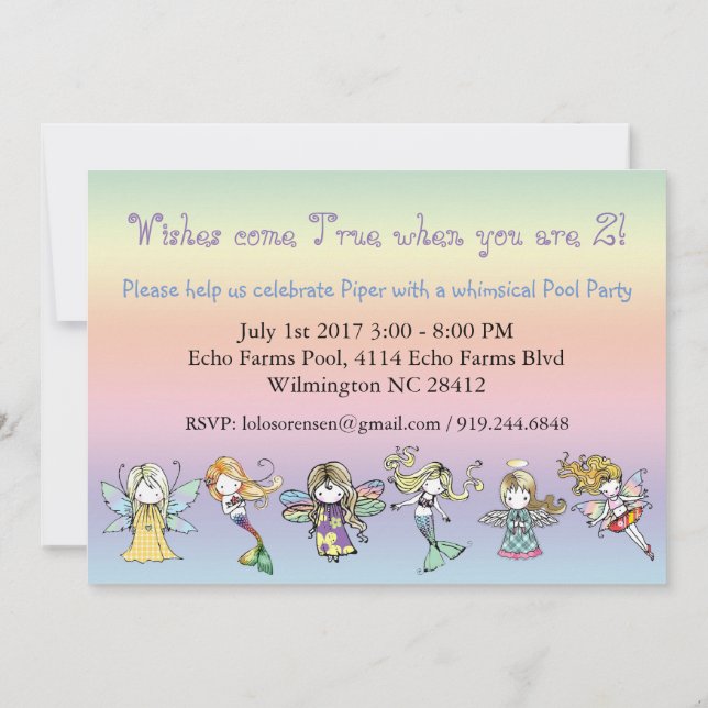 Convite de Fada Mermaid Anjo para Festa de Piscina (Verso)