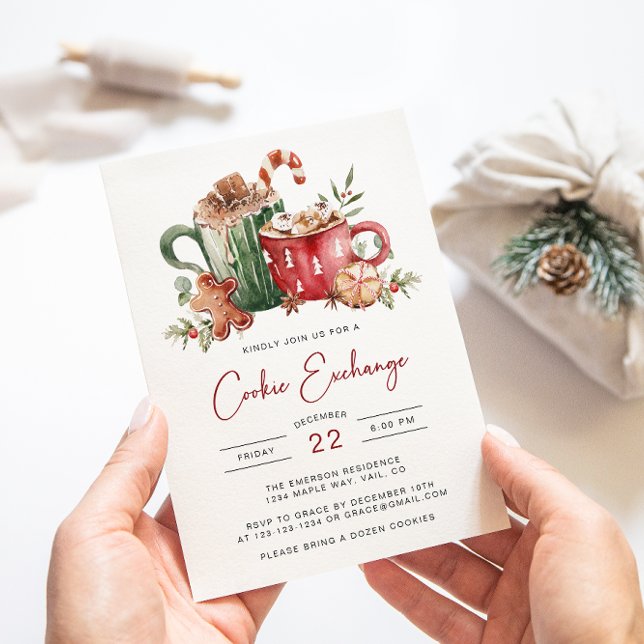 Convite de Feriado do Exchange de Cookie (Cookie Exchange Christmas Invitation | Watercolor Cookies & Cocoa Holiday Party by Painted Paperie
)