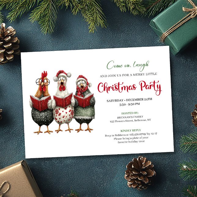 Convite de Férias com Aquarela Moderna de Galinhas (Quirky Chickens Modern Watercolor Holiday Invitation)