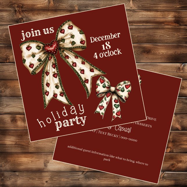 Convite de Férias do Arco Coquette Vintage (Cute vintage bows on fully customizable holiday party invitations)