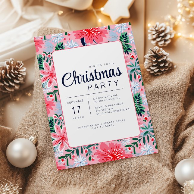 Convite de Férias Florais Tropicais Rosa (Tropical Pink Floral Christmas Party Invite)
