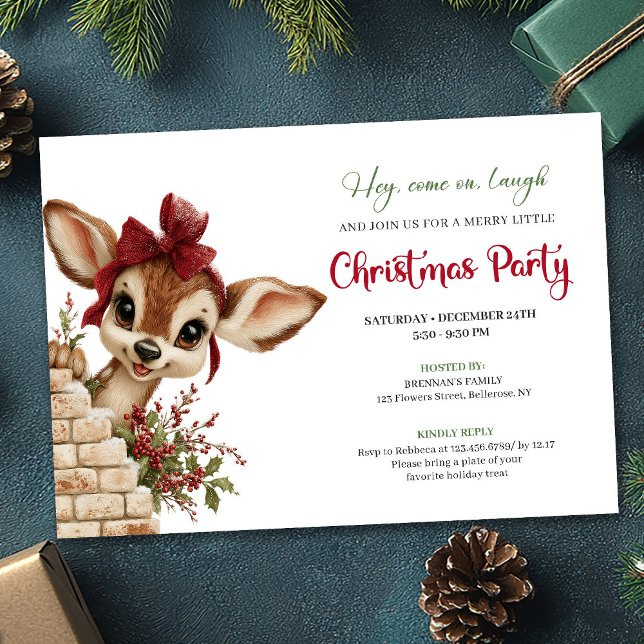 Convite de férias impresso de rena bebê caprichoso (Whimsical baby reindeer printable holiday invite)
