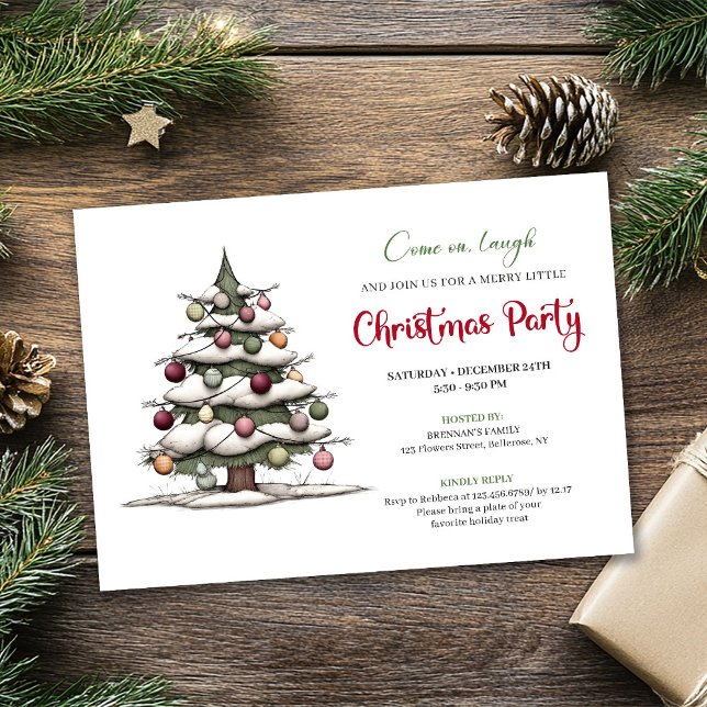 Convite de férias moderno árvore pintada à mão Qui (Quirky hand painted tree modern holiday invitation)